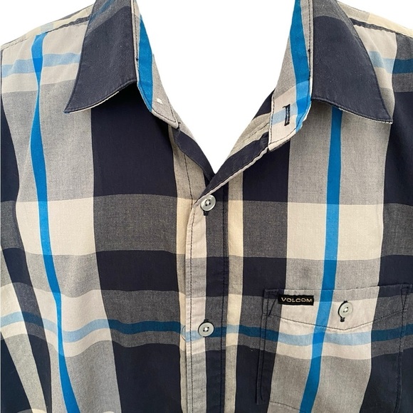 VOLCOM Stone Skate Blue & Gray Plaid Short Sleeve Collared Shirt Men L Large - Picture 2 of 6